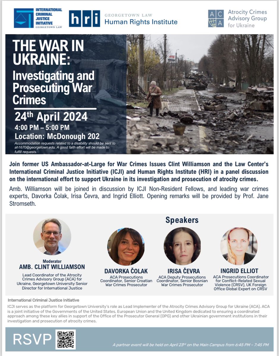 Join us April 23 for this important discussion with war crimes prosecutors about international efforts to support #Ukraine in prosecuting atrocity crimes. @HRI_gtownlaw