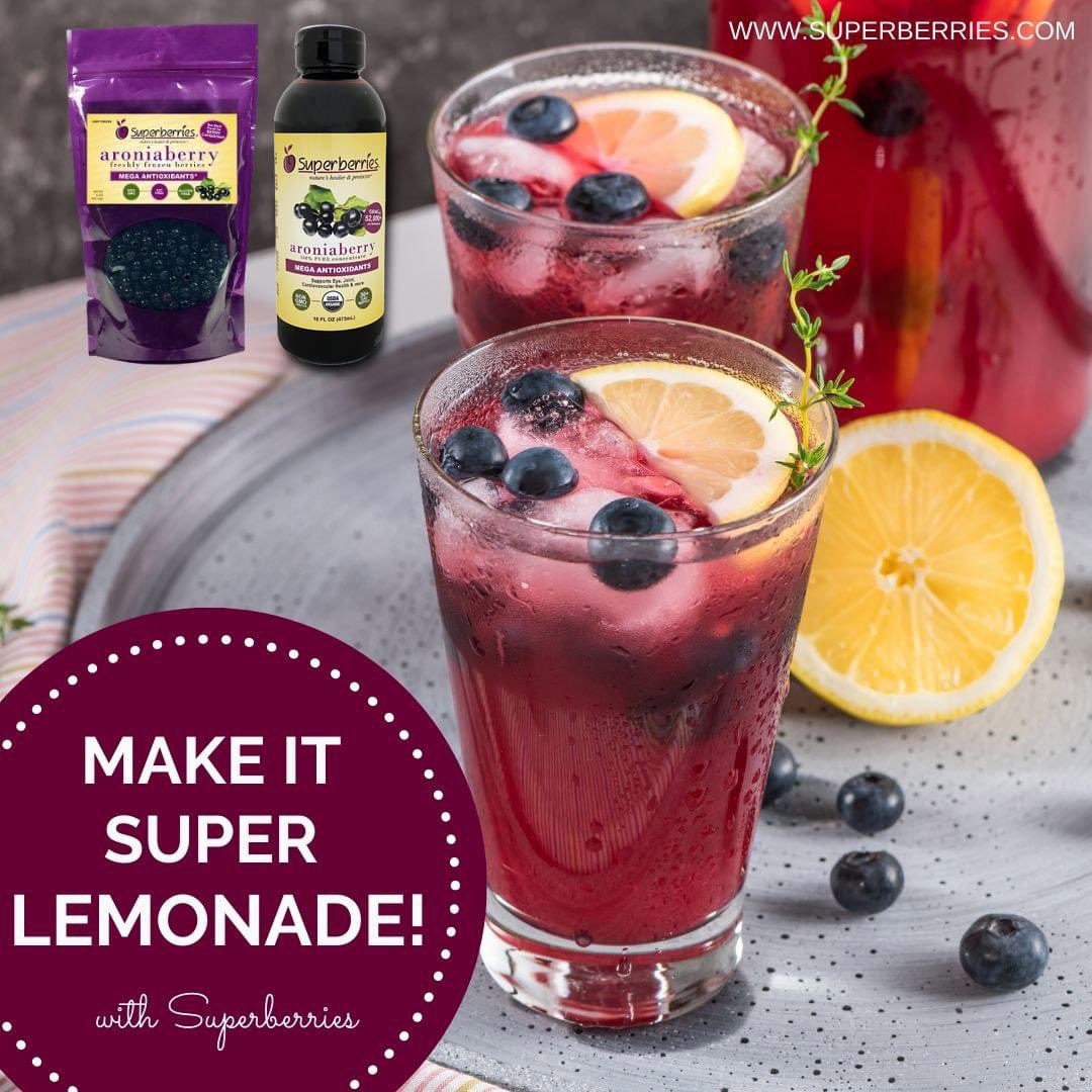 Try a refreshing glass of Super Aronia Lemonade. We call it super because of all the antioxidants and nutrients you'll get when you add a tablespoon of Aroniaberry Concentrate to your pitcher of Lemonade. Garnish with Frozen Aroniaberries for more berry power.