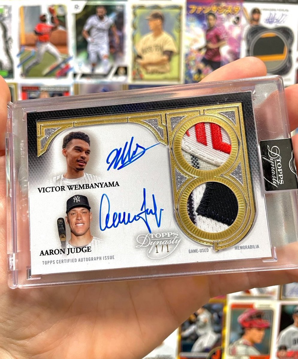 🏀 JUST REDEEMED ⚾️ Check out this INSANE Victor Wembanyama x Aaron Judge Dual Patch 1/1 Auto from Topps Dynasty that was redeemed today 🤯 What are your thoughts on cards featuring premier athletes from two different sports? (📸: @Topps)