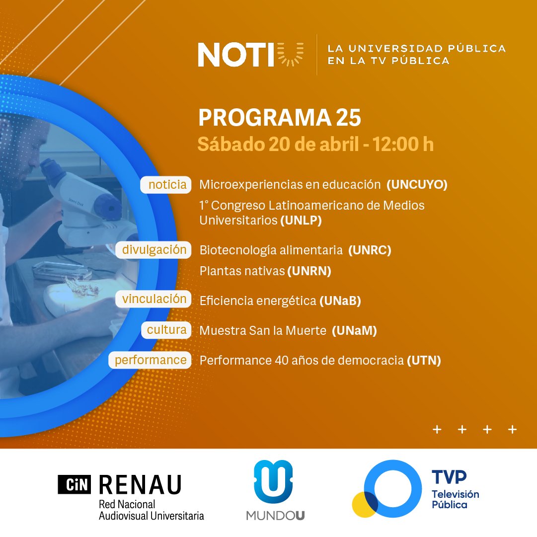 ¡#NotiU llega a su emisión #25! El primer noticiero que reúne la actualidad de las universidades públicas a lo largo y ancho del país todos los sábados en la televisión abierta. 🗓️ 20/04 a las 12 horas en la @TV_Publica SEGUINOS ACÁ 👉 mundou.edu.ar/contenidos/ser…