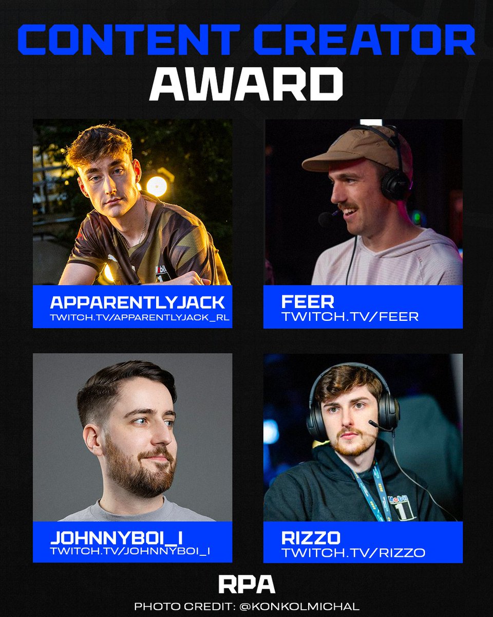 rlproawards's tweet photo. Nominated for the Content Creator Award

@ApparentlyJxck
@FeerTwitch 
@JohnnyBoi_i 
@Rizzo_TV https://t.co/lqmKllqCR7