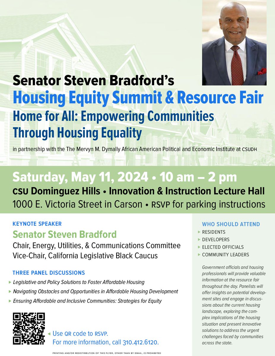 I invite you to RSVP for our Housing Equity Summit & Resource Fair on Saturday, May 11 at at CSU Dominguez Hills. Residents, developers, community leaders and elected officials will benefit from our affordable housing workshop discussions. RSVP at bit.ly/3W6oY4j #Housing