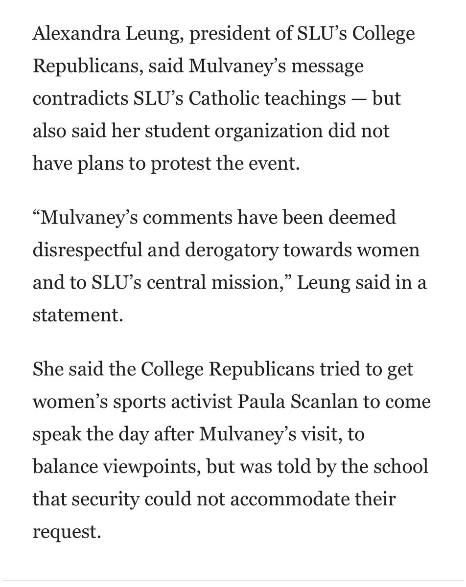 A Catholic Jesuit college @SLU_Official is having Dylan Mulvaney speak to students. The College Republicans asked St. Louis University to let @PaulaYScanlan speak the day after to balance viewpoints and the school refused, saying that security couldn’t accommodate them. So…