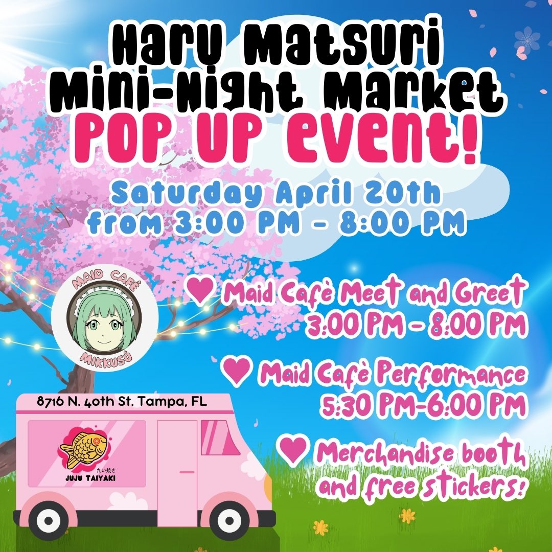 MaidCafeMikkusu's tweet photo. Get ready for a scrumptious Saturday filled with tasty treats and good vibes! Join #MaidCafeMikkusu tomorrow from 3pm to 8pm at 8716 N. 40th St. in #TampaFL. 💕 Bring your lightsicks and ‘stick’ around for our special concert-style performance at 5:30pm. See you there! 🌸🍜🎵 https://t.co/zENdOEpLtI
