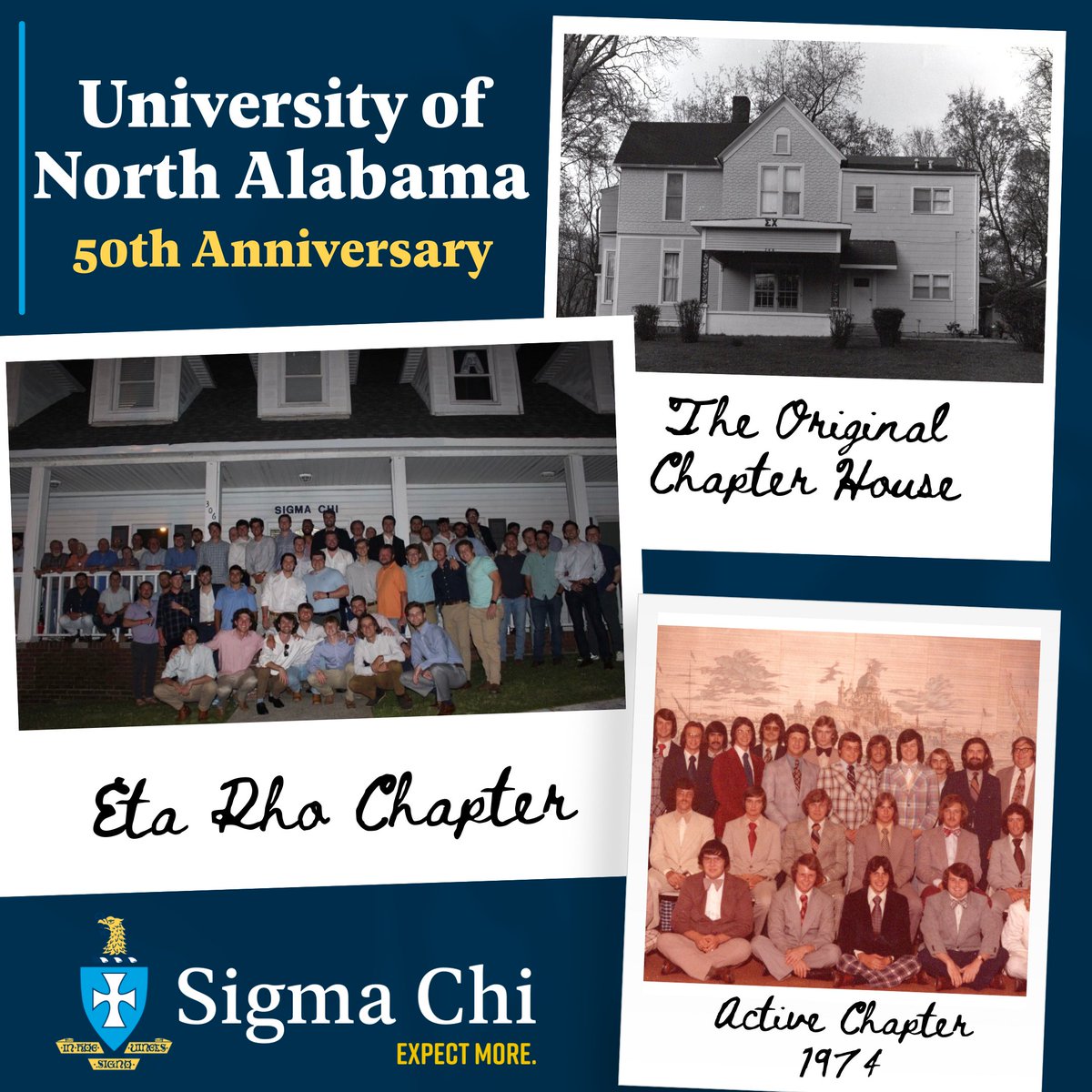 Congratulations to the Sigs of the Eta Rho Chapter at the University of North Alabama who are celebrating their chapter's 50th anniversary today! Here’s to many more years of Sigma Chi on campus! In Hoc Signo Vinces 🤝