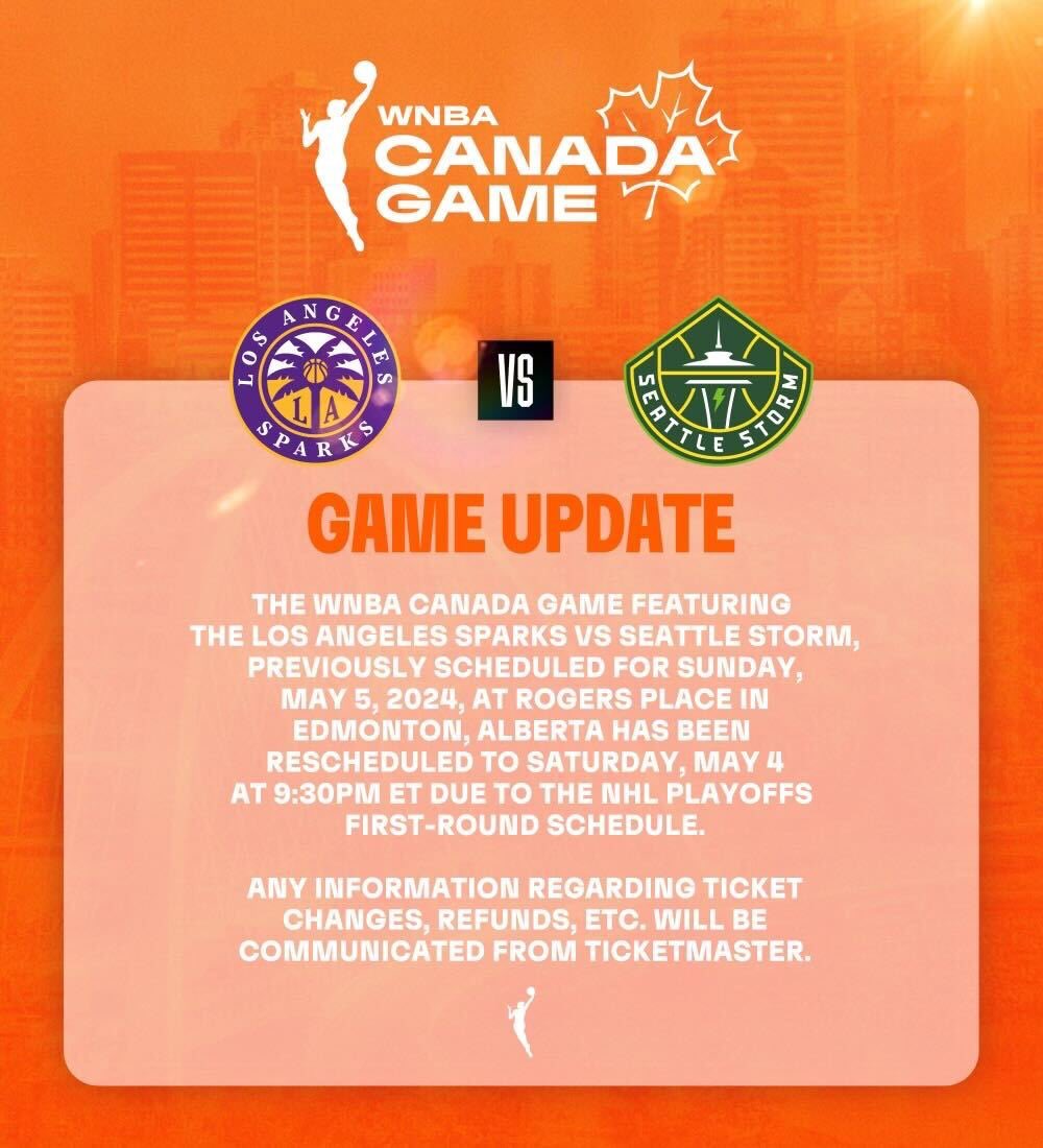 🚨 CANADA GAME UPDATE 🚨

Due to the NHL playoffs, the #WNBACanadaGame will now be played May 4th at 9:30pm/ET

Check out the link in bio for more information.