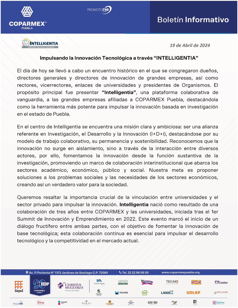 CoparmexPuebla's tweet photo. 📄 #BoletínInformativo

Impulsando la Innovación Tecnológica a través “INTELLIGENTIA”

El día de hoy se llevó a cabo un encuentro histórico en el que se congregaron dueños, directores generales y directores de innovación de grandes empresas, así como rectores, vicerrectores, enlaces de universidades y presidentes de Organismos. 

#Innovación #Tecnología #Intelligentia