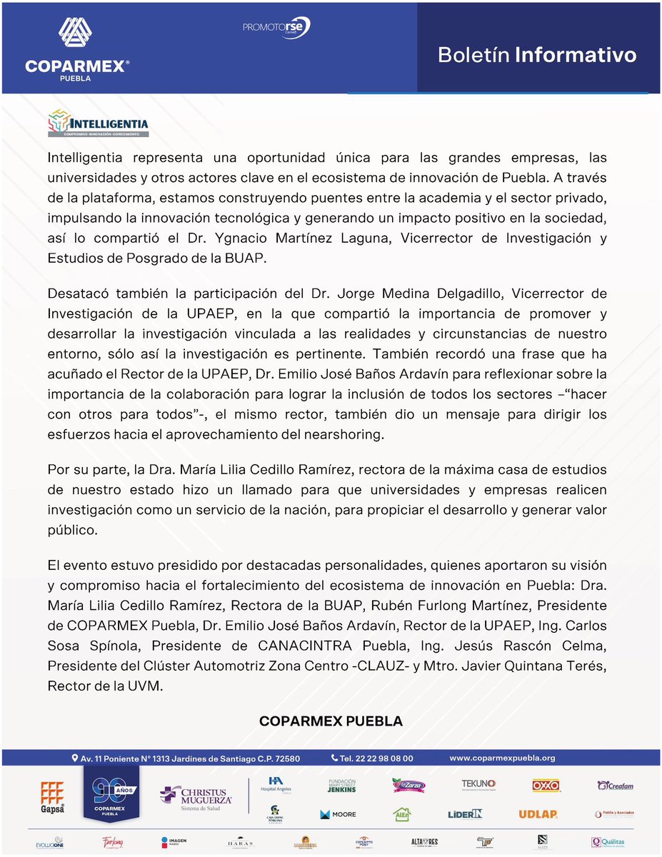 CoparmexPuebla's tweet photo. 📄 #BoletínInformativo

Impulsando la Innovación Tecnológica a través “INTELLIGENTIA”

El día de hoy se llevó a cabo un encuentro histórico en el que se congregaron dueños, directores generales y directores de innovación de grandes empresas, así como rectores, vicerrectores, enlaces de universidades y presidentes de Organismos. 

#Innovación #Tecnología #Intelligentia