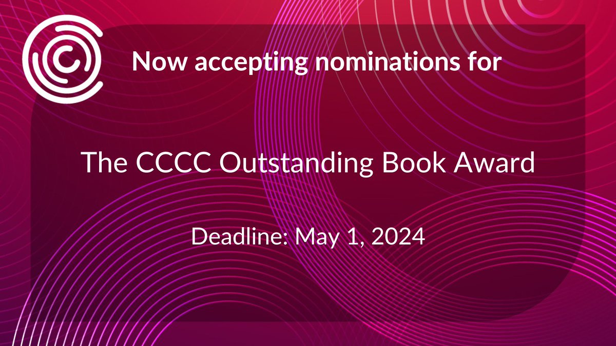 The @NCTE_CCCC Outstanding Book Award is presented annually for scholarly works, published in the past two years, that make an outstanding contribution to composition and rhetoric. Nominations are due by May 1, 2024. Learn more: cccc.ncte.org/cccc/awards/oba