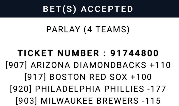 Because we hit both #FreePlays earlier here’s a 1120 bombski for ya:

+1120🚀
💎Dbacks ML
💎Red Sox ML
💎Phillies ML
💎Brewers ML

#MLBB #MLBDraft #MLB #MLBCentral #MLBRIVALS #mlbtwt