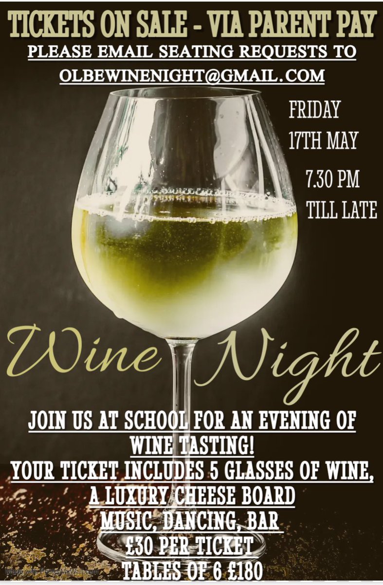 HSA Wine Night!
Friday 17th May 7.30 pm                                      Tickets £30 each.                      
Tickets go on sale on Monday! 
Please pay for tickets through Parent Pay only.    Many thanks                                 
OLBE HSA