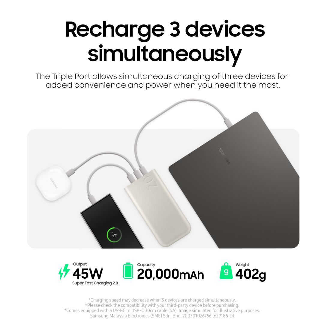 Triple Port means triple peace of mind. #BatteryPack 20,000mAh lets you charge 3 devices at once so you can finish up your tasks wherever you are.

Learn more: smsng.co/MY_BatteryPack…