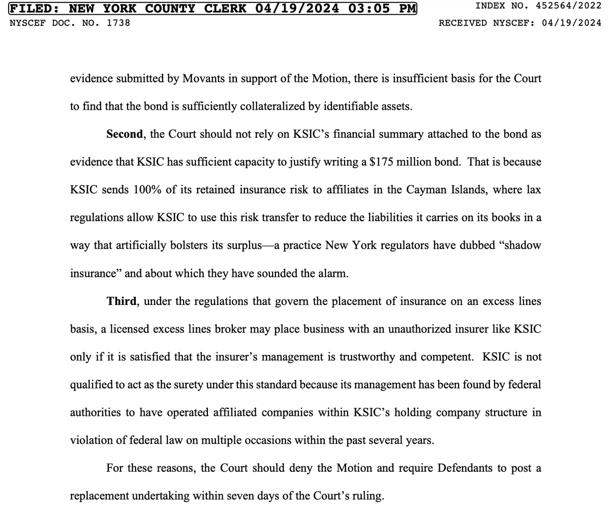 Letitia James has filed a 26-page motion asking Judge Engoron to void Trump's bond in his civil fraud case, questioning whether Knight Specialty could actually secure the $175 million bond. A hearing on the matter will take place Monday. s3.documentcloud.org/documents/2455…