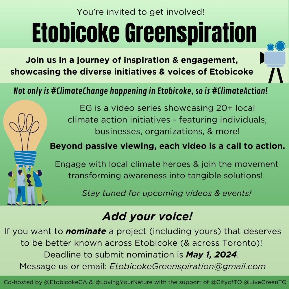 EtobicokeCA's tweet photo. We are excited to introduce #EtobicokeGreenspiration  
– a video series of 20+ shining climate action examples, featuring  individuals, businesses, organizations, community groups, etc – all from  #Etobicoke! 🎥💚🎞️ 
... 2 https://t.co/gXEjY73BQt