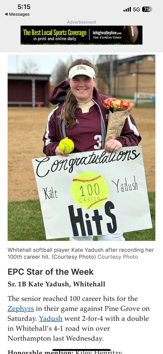 Thanks @JoshFolck For EPC star of the week Honor @kate_yadush @ZephyrAthletics @WCSDWHS