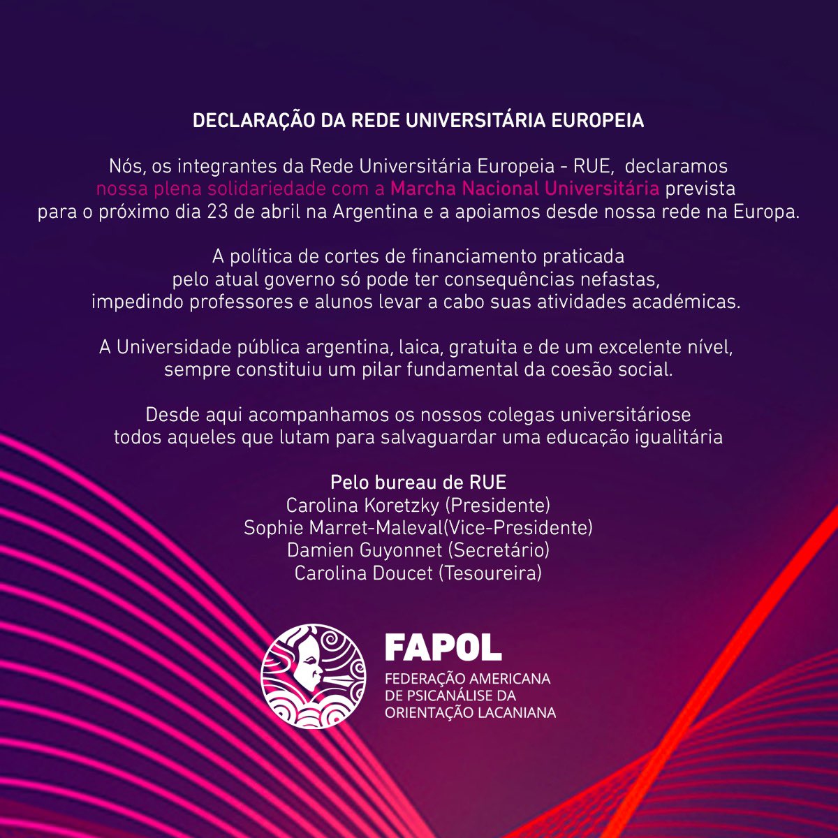 Declaración de la Red Universitaria Europea / Declaração da Rede Universitária Europeia / Déclaration du Réseau Universitaire Européen

mailchi.mp/fapol/declarac…

<a href="/rikardon/">Ricardo Seldes</a> <a href="/charlyrossi2052/">Charly Rossi</a> <a href="/OtoniFernanda/">Fernanda Otoni Brisset</a> <a href="/CorderFebres/">Mónica Febres Cordero</a> 

<a href="/EOLacaniana/">EOL</a> 
@nelcf_amp 
<a href="/ebp_cf/">EBP</a>
