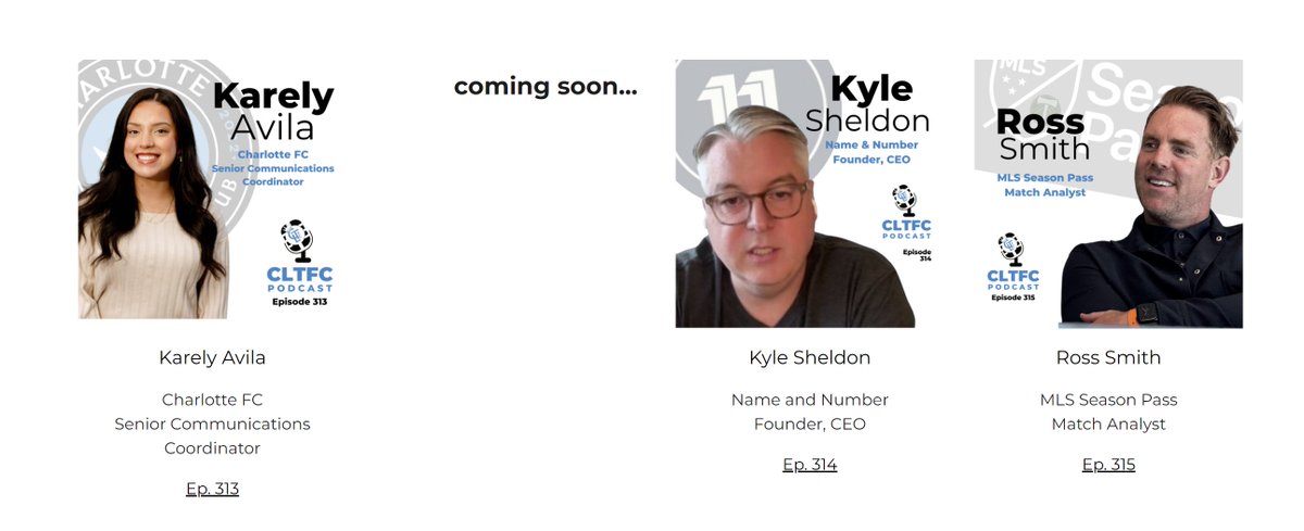 Lots of 🆕🎙️episodes coming soon. Excited to have the Sr. Comms Coordinator at @CharlotteFC @karelyeavila 4/21 @NameAndNumber CEO, @kylesheldon talks marketing & MLS 4/27 former player & @TimbersFC 📺announcer, now #MLSSeasonPass Match Analyst @RossSmith_20 5/4 #cltfcpodcast