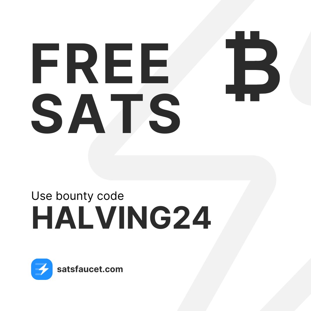 Happy halving y’all! 🎉

Special free sats bounty code 🎁

Code: HALVING24

🧡 Retweet & Like
⏳ 20 first people only
👉 Claim it at satsfaucet.com/bounty

#SatsFaucet #EarnSats #StackSats #FreeSats #FreeBitcoin #EarnBitcoin #BitcoinHalving #BitcoinHalving2024