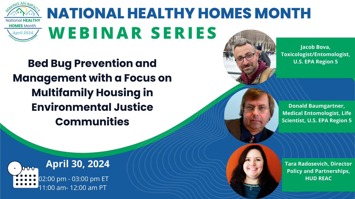 REGISTER TODAY - Bed Bug Prevention and Management with a Focus on Multifamily Housing In Environmental Justice Communities - 4/30 @EPAgov and @HUDgov experts will provide practical information to help you reduce the likelihood of bringing bed bugs home. #HealthyHomes #NHHM24