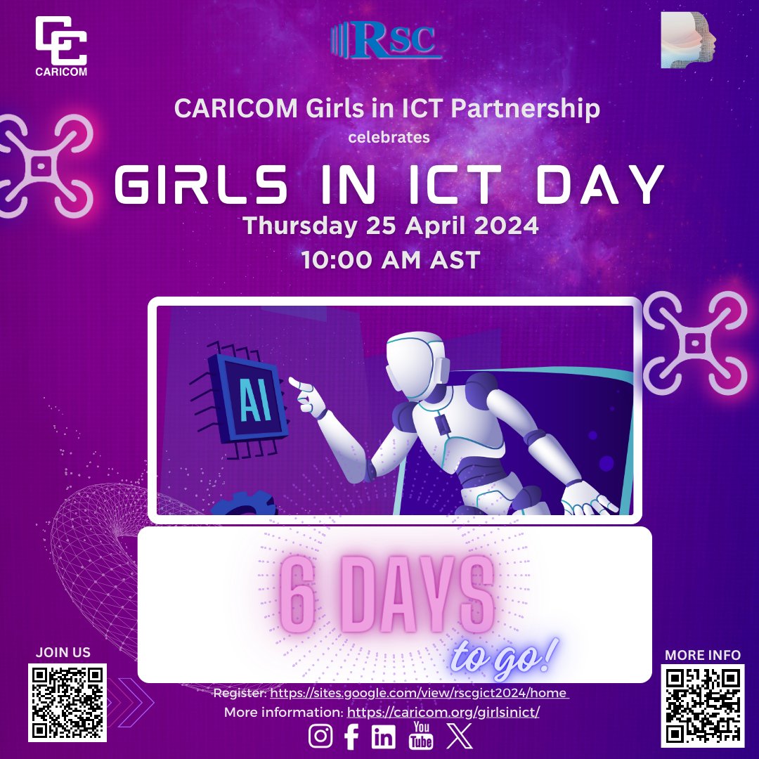 #COUNTDOWNTOGIRLSINICT 🌟6 days until Girls in ICT Day 2024 📅 25 April 2024 ⏰10:00 AM AST 🗒️Sessions on STEM education, ICT today and career opportunities in ICT 💻Read: ow.ly/tNBU50Rkiyy for full details