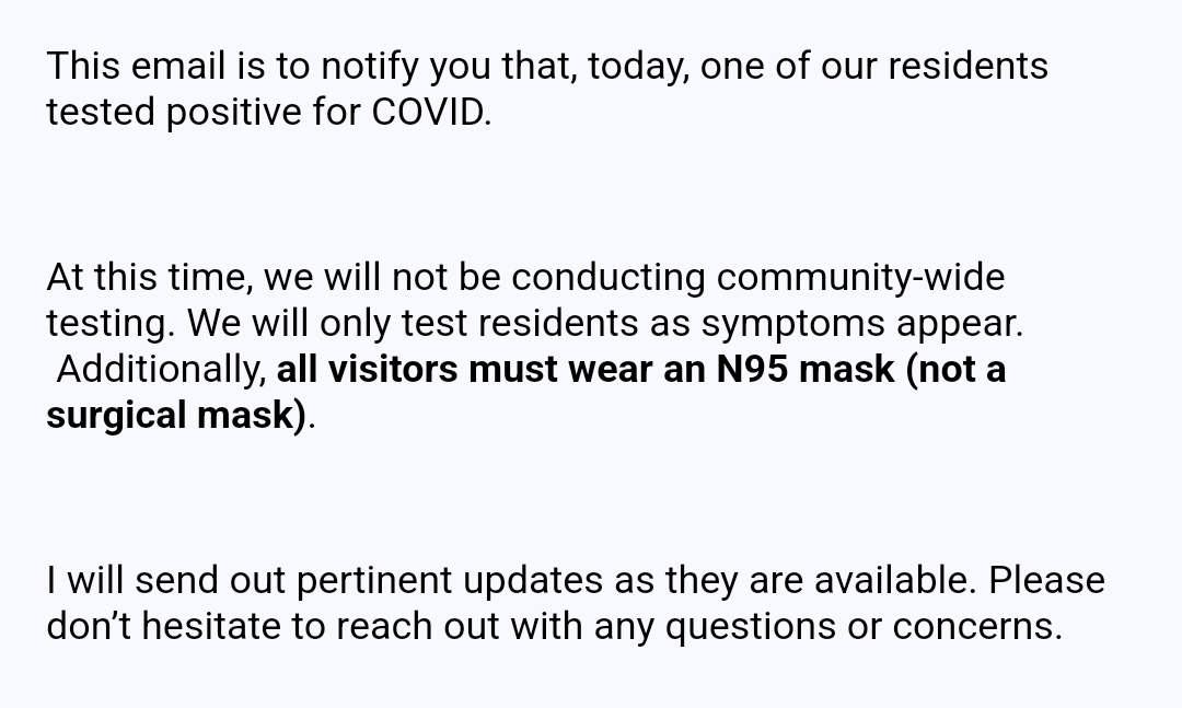 meighanstone's tweet photo. Just received this update from my mother's dementia care facility--this kind of "Frankenstein" approach puts vulnerable residents & staff at risk. If up to 50% COVID cases asymptomatic, not testing everyone & only visitors temporarily masking won't stop medical facility spread🫠 https://t.co/mrDBMwjMS6