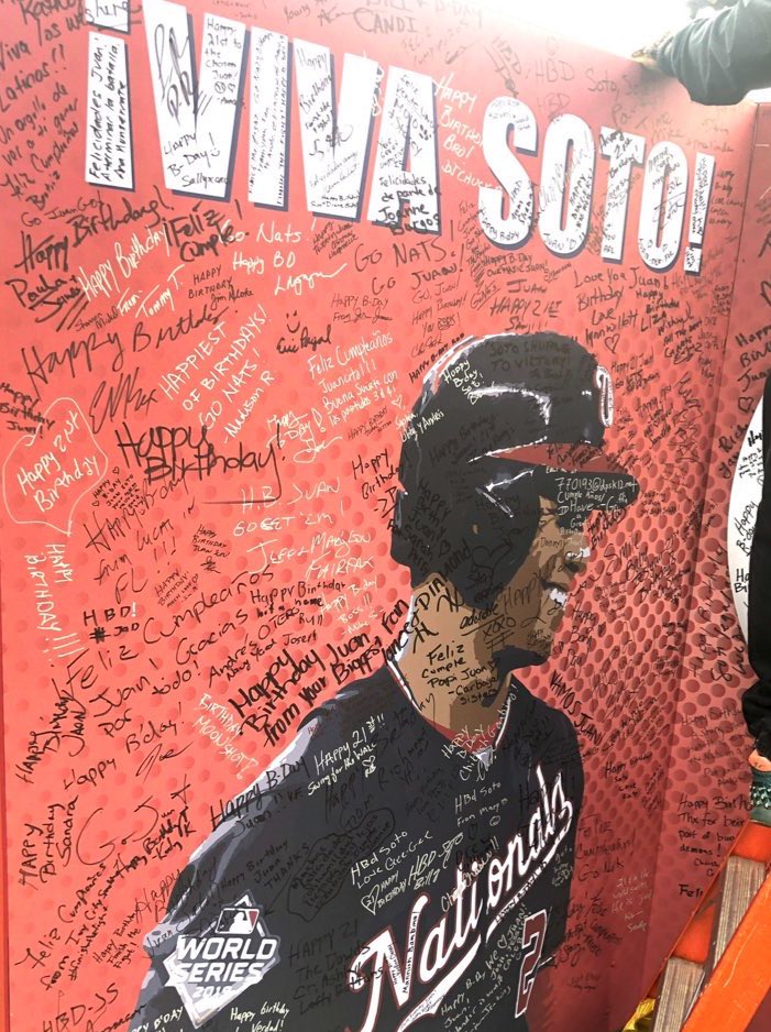 Juan Soto turned 21 on October 25, 2019, during 2019 World Series. In DC, 𝟭𝟬,𝟬𝟬𝟬 local residents signed a 7 foot tall wooden 21st birthday card to @JuanSoto25_ set up outside @thesaltline in @CapitolRvrFront 🎂🎂🎂