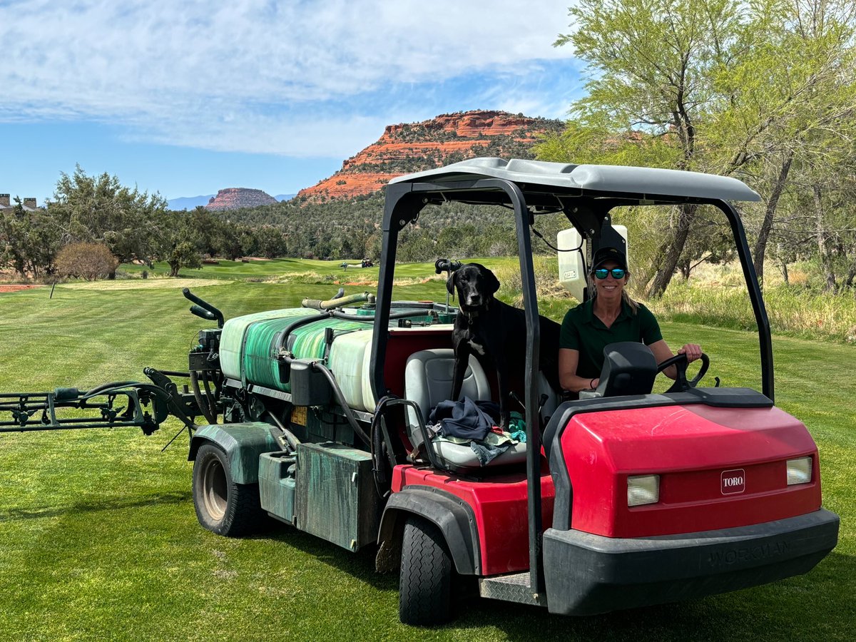 Friday spray day with my favorite spray partner! Barley usually hangs out at the shop or explores the native when I spray but today he wanted to ride along for a little bit while I sprayed growth regulator on the roughs. He’s such a good boy🥰 @DogsOfTurf