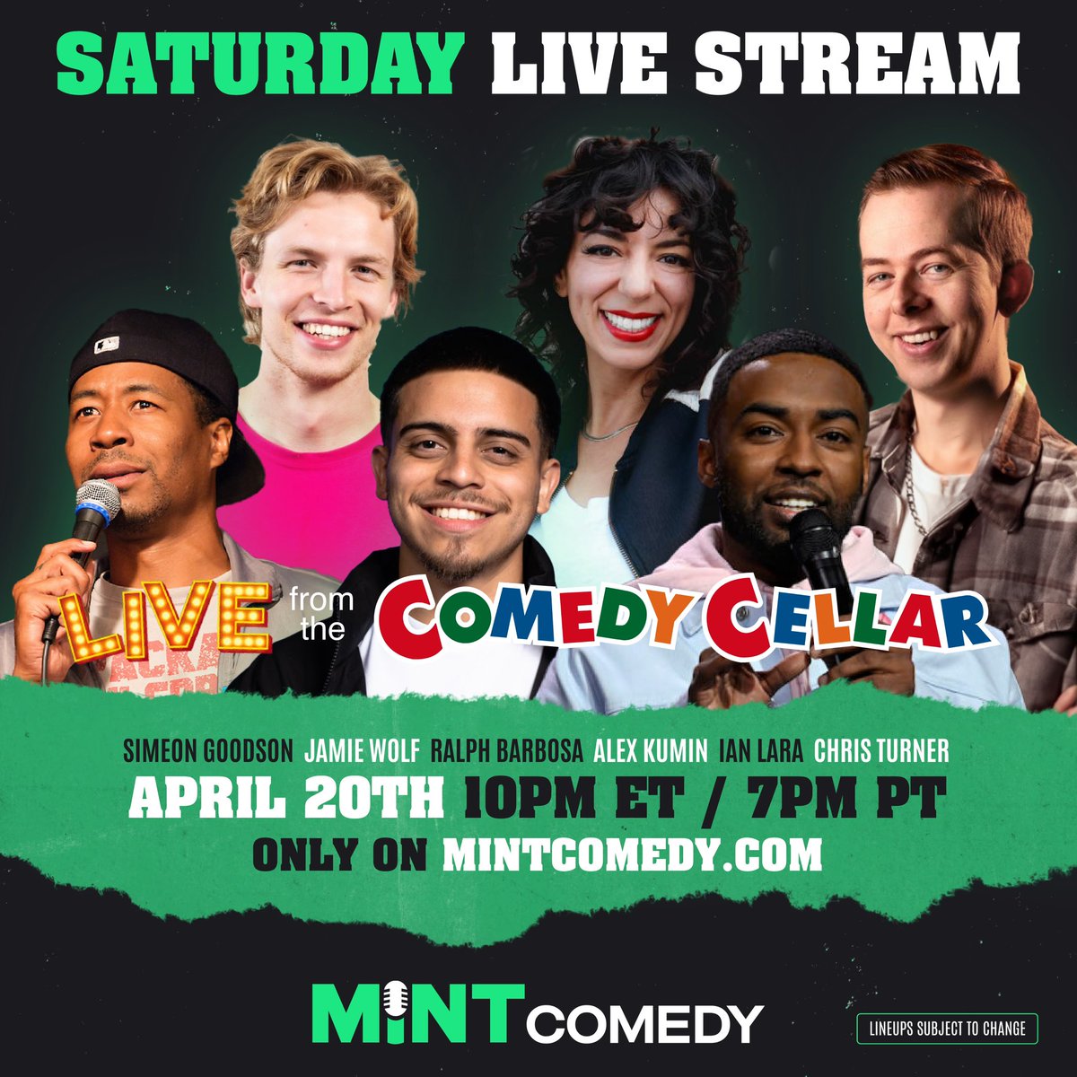 Celebrate 4/20 the right way by kicking back on your couch and watching some LIVE standup comedy 🍃 Watch six top comedians perform LIVE from the iconic @ComedyCellarUSA on 4/20 at 10pm et / 7pm et, only on mintcomedy.com! Featuring: #simeongoodson @jamiewolfcomedy…