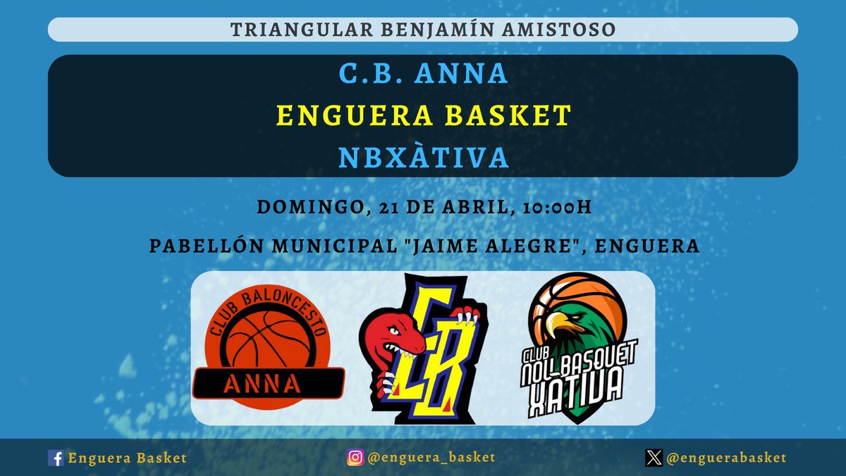 enguerabasket's tweet photo. 🏟 𝑬𝑵𝑮𝑼𝑬𝑹𝑨 𝑩𝑨𝑺𝑲𝑬𝑻 - 𝑷𝑨𝑩. 𝑴𝑼𝑵. "𝑱𝑨𝑰𝑴𝑬 𝑨𝑳𝑬𝑮𝑹𝑬": 🏟 

🏀 Triangular Benjamín Amistoso
🔵 Benjamín Mixto 
🏠 𝐄𝐧𝐠𝐮𝐞𝐫𝐚 𝐁𝐚𝐬𝐤𝐞𝐭 
🤝 C.B. Anna 
🤝 NBXàtiva 
📅 Domingo, 21 de abril  
⏰ 10:00h 

¡𝟏, 𝟐, 𝟑, 𝐄𝐍𝐆𝐑𝐀! 
💛🖤💛🖤💛🖤 https://t.co/Hw2SuFYbFM
