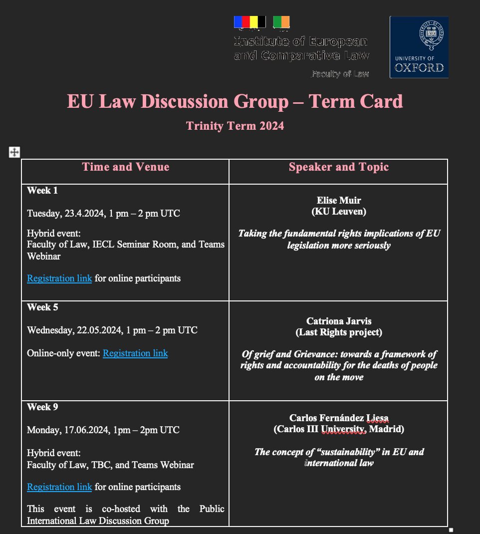 EULawDiscussion's tweet photo. Our term card for Trinity Term 2024 is out - Join us https://t.co/tKipk7W3TZ