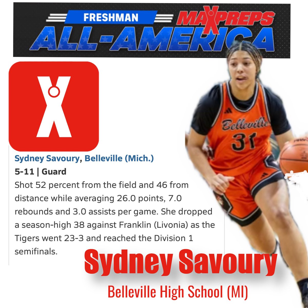 MaxPreps has named 6’0” Belleville High School (MI) Guard - Sydney Savoury to their Freshman All-American Team. Congratulations to Sydney (@SavourySavoury2 ) for an amazing accomplishment. #TheVille #bta🟨🟦 @Legends_Bball