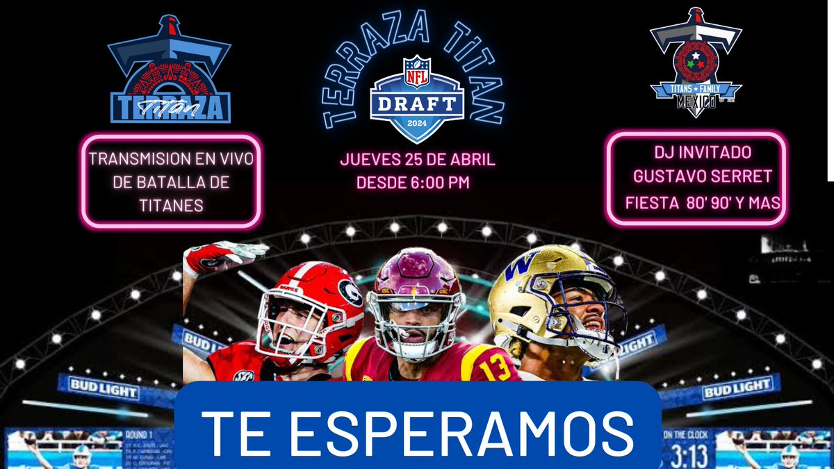 ¡Atención a todos los amantes de la NFL! 🏈 Este 25 de abril a partir de las 6:00 pm, únete a nosotros en la terraza Titan para celebrar el Draft de la NFL. Tendremos al DJ invitado Gustavo Serret y la transmisión en vivo de <a href="/BatallaTitanes/">Batalla de Titanes</a> . ¡No te lo pierdas! 
<a href="/TitansFamilyMex/">Titans Family Mexico 🇲🇽🏈⚔</a>