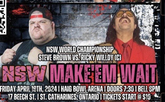 Tonight @NSWisBACK in St. Catharines! World Championship Match! @ProWilldy defends his title against the challenger @renownedbrown. Bell time 8pm.