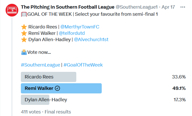 GOAL OF THE WEEK: Remi won the semi! Your votes helped carry Remi Walker to the final of this week's vote for the @SouthernLeague1 'Goal of the Week', and the poll is open until around 1 pm on Saturday afternoon 👇🏼