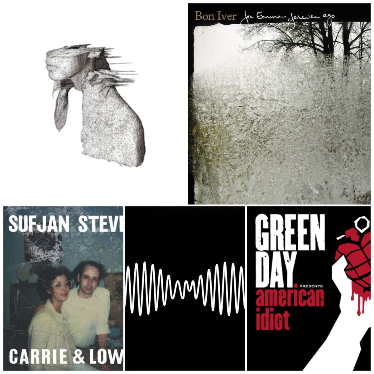 @RichardS7370 Hi Rich, here are my #5albums21cFinal  🎶😊

1)A Rush Of Blood To The Head - Coldplay
2)For Emma, Forever Ago - Bon Iver
3)Carrie & Lowell - Sufjan Stevens 
4)AM - Arctic Monkeys 
5)American Idiot - Green Day