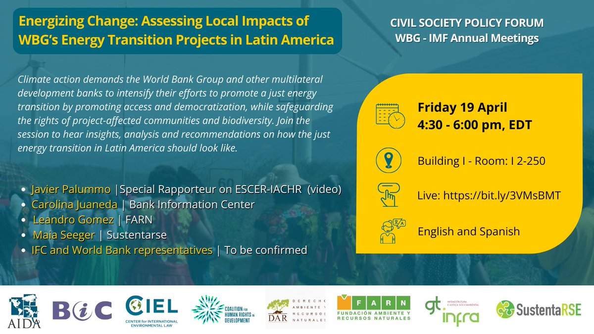 📢 Are you at the @WorldBank #CSPF? Join us at this panel with @jpalummo @farnargentina @BIC_Updates @SustentaRSE to discuss how a truly just energy transition in Latin America should look like. ⏰ 4.30 - 6.00 EDT time 📌Building I-Room: I 2-250 🌐Eng & Sp bit.ly/3VMsBMT