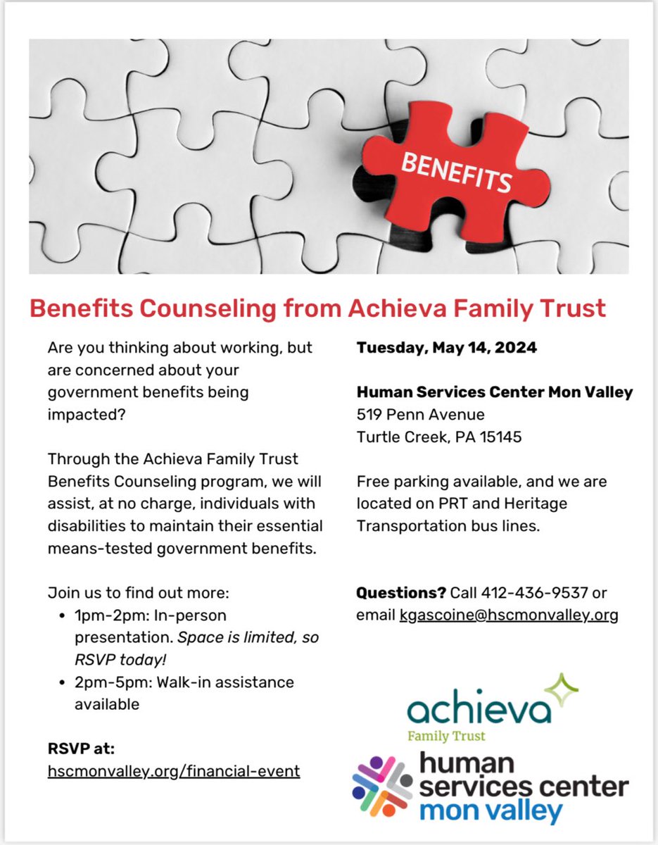Are you thinking about working, but are concerned about your government benefits being impacted? Assistance is available at no charge to individuals with disabilities to maintain their essential means-tested government benefits. RSVP here: hscmonvalley.org/financial-even…