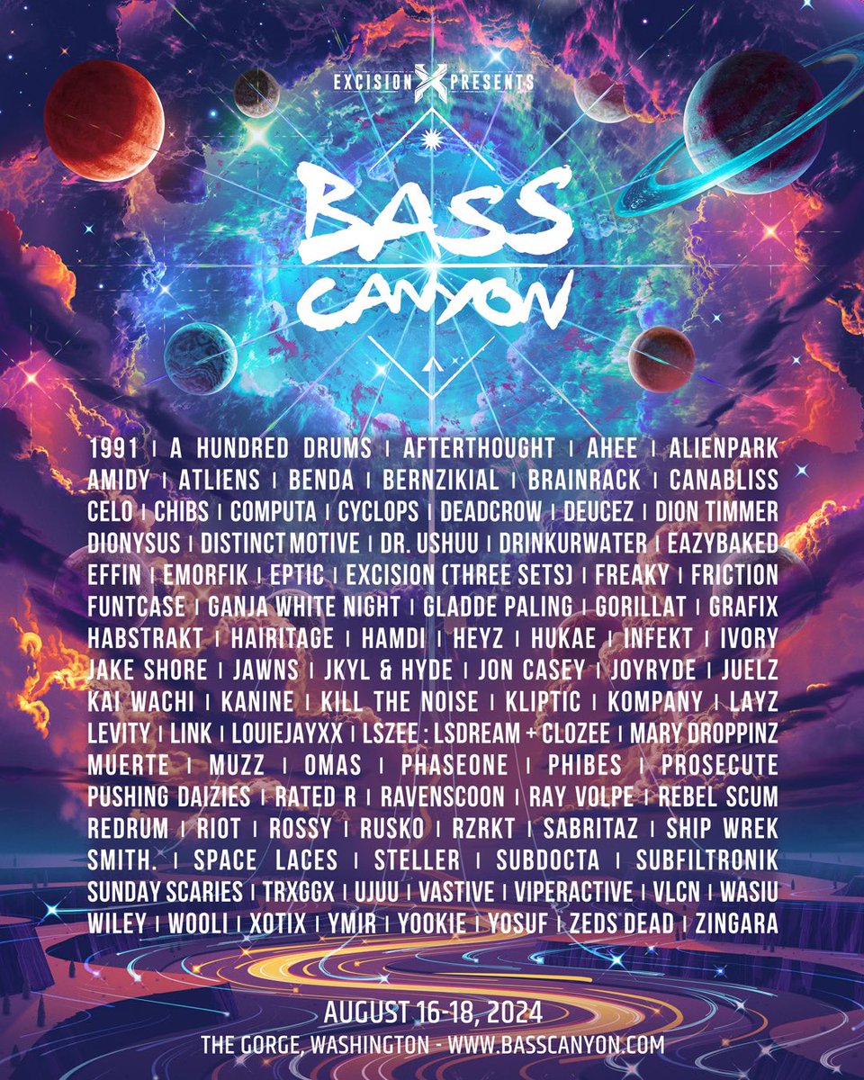 Your Bass Canyon 2024 lineup is here ✨ See you at The Gorge, Headbangers!