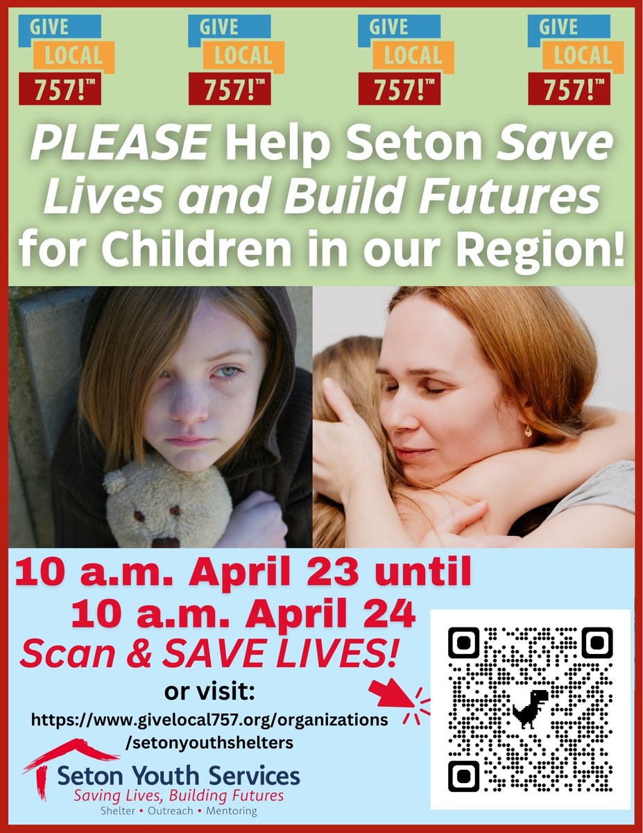 Tuesday, April 23rd is GIVE LOCAL 757! Please help Seton close the gap on our rising program expenses so that we can keep or 40-year promise of providing all of our lifesaving and lifechanging services free of charge 24 hours a day, 365 days a year, to youth and their families!