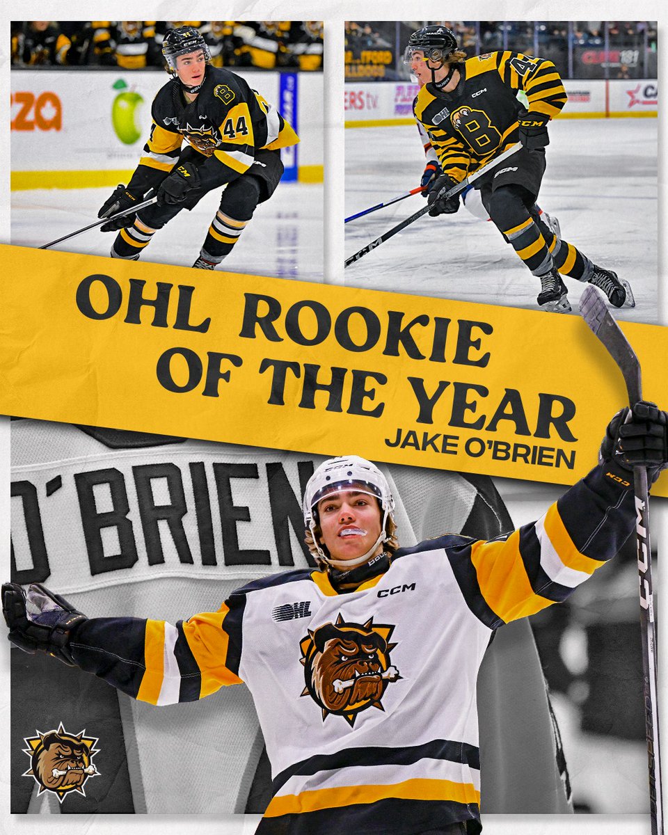 🎉 O.B. IS ROY 🎉

Congratulations to Jake O'Brien on winning the Emms Family Award as #OHL Rookie of the Year for the 2023-24 season!

Leading all rookies in assists, points, power-play goals, power-play assists & points per game, O'Brien set new Bulldogs Rookie Records!

#BFD