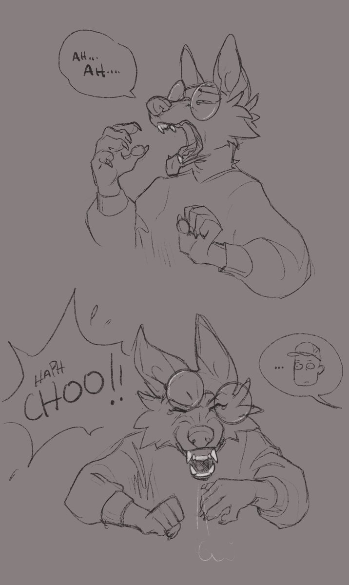 POV: you’re a human seeing an anthro canine sneeze for the first time 😨 w-what big teeth you have… *gulp* (Robin, the canine character, belongs to wetchop!)