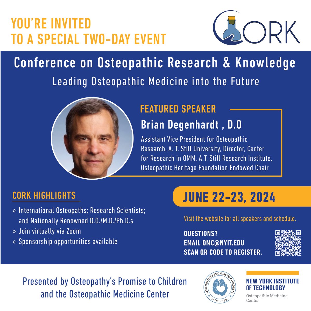 Join us for #CORK2024, a Two-Day Conference on Osteopathic Research and Knowledge! 📅 June 22-23, 2024 📍 NYIT College of Osteopathic Medicine 🌐 RSVP: nyit.edu/u/tZE9Q0 Follow @corkconference on Instagram. Questions? Email OMC@nyit.edu. @nyitomm @AOAforDOs