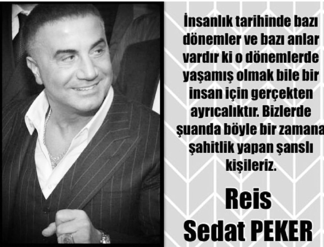 İnsanlık tarihinde bazı dönemler 
ve bazı anlar vardır ki 
o dönemlerde yaşamış olmak bile bir insan için gercekten ayrıcalıktır. Bizlerde şuanda böyle bir zamana
şahitlik yapan şansIı kişileriz.
REİS SEDAT PEKER

#SedatPeker @sedat_peker