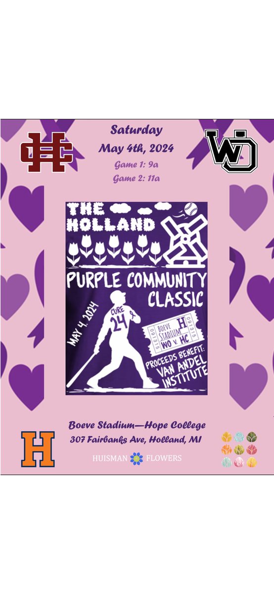 MARK YOUR CALENDARS!

We are excited to partner with @WO__Baseball , @VAInstitute, @PurpleVAI and @HopeCollege to play in the 1st annual Holland Purple Community Classic. Please join us on May 4, at Boeve Stadium to support cancer research! 

#GoMaroons #WearPurple #BeatCancer