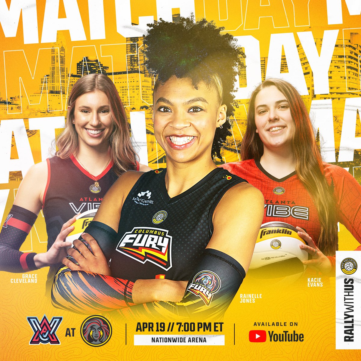 FRIDAY NIGHT VOLLEY! The @AtlantaVibeVB at the @ColumbusFury, 7:00 p.m. ET. 📺 @YouTube #RealProVolleyball #ProVolleyball