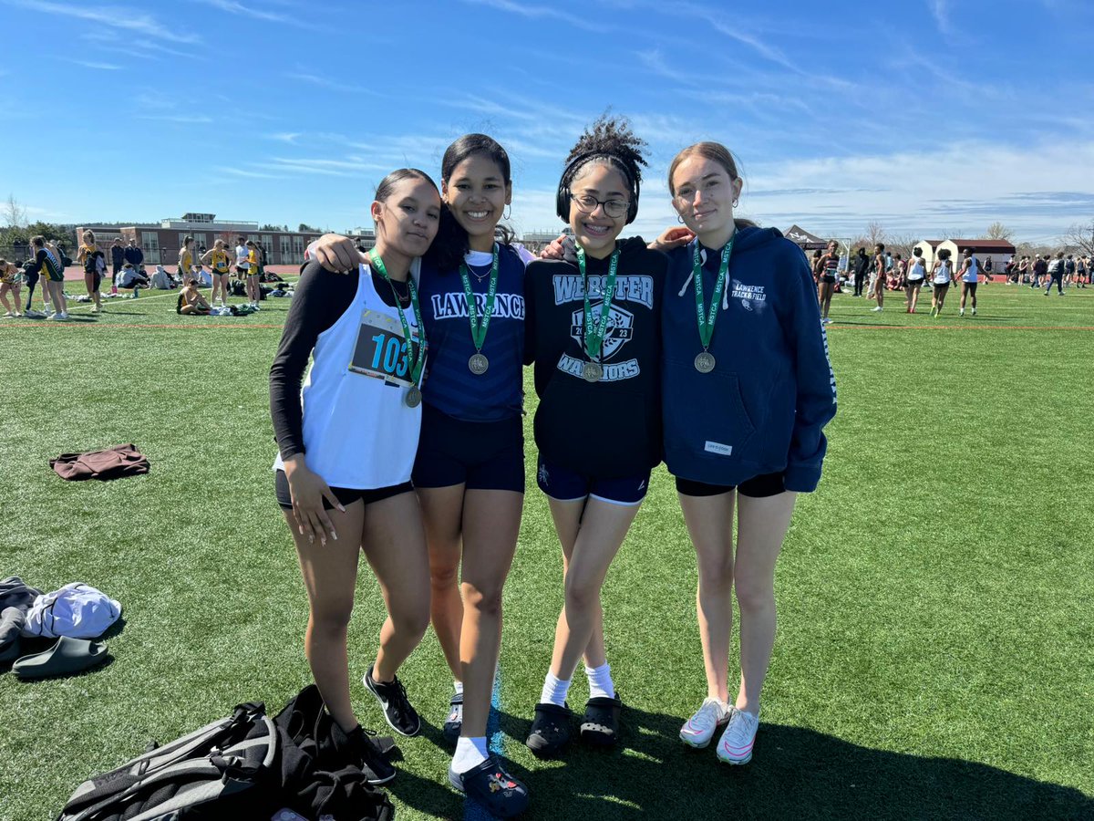 The Lawrence girls Shuttle hurdle relay team of Aralis Rosario, Liany German, Genevieve Rosa, and Amelia Diodati (left to right) brought home a 3rd place finish at today's MSTCA Multi-Fest and Relay invitational! @lancerathletics