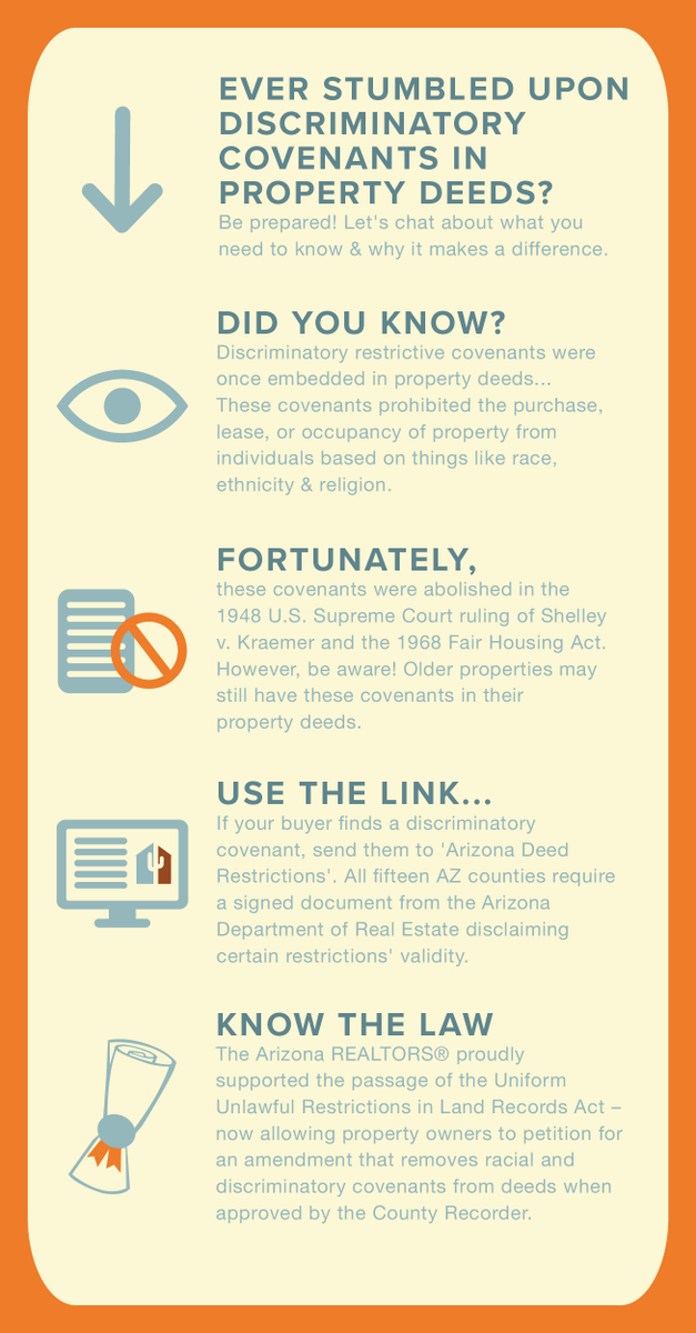 This week, in honor of Fair Housing Month, we're shedding light on discriminatory covenants in property deeds. 

Visit our webpage for a comprehensive guide on these covenants. Knowledge is power! aaronline.com/arizona-deed-r…

#arizonarealtors #FairHousingMonth