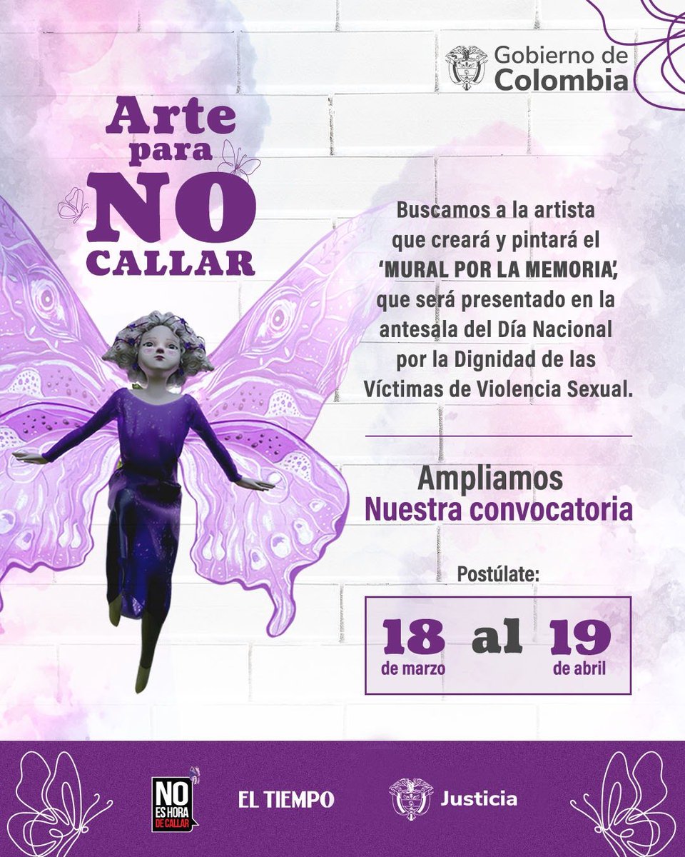 💜Hoy es el último día de la convocatoria #NoEsHoraDeCallar para crear el #MuralPorLaMemoria en la cárcel La Modelo de Bogotá. 

¡Participa! 👇👇
tinyurl.com/ConvocatoriaMu…