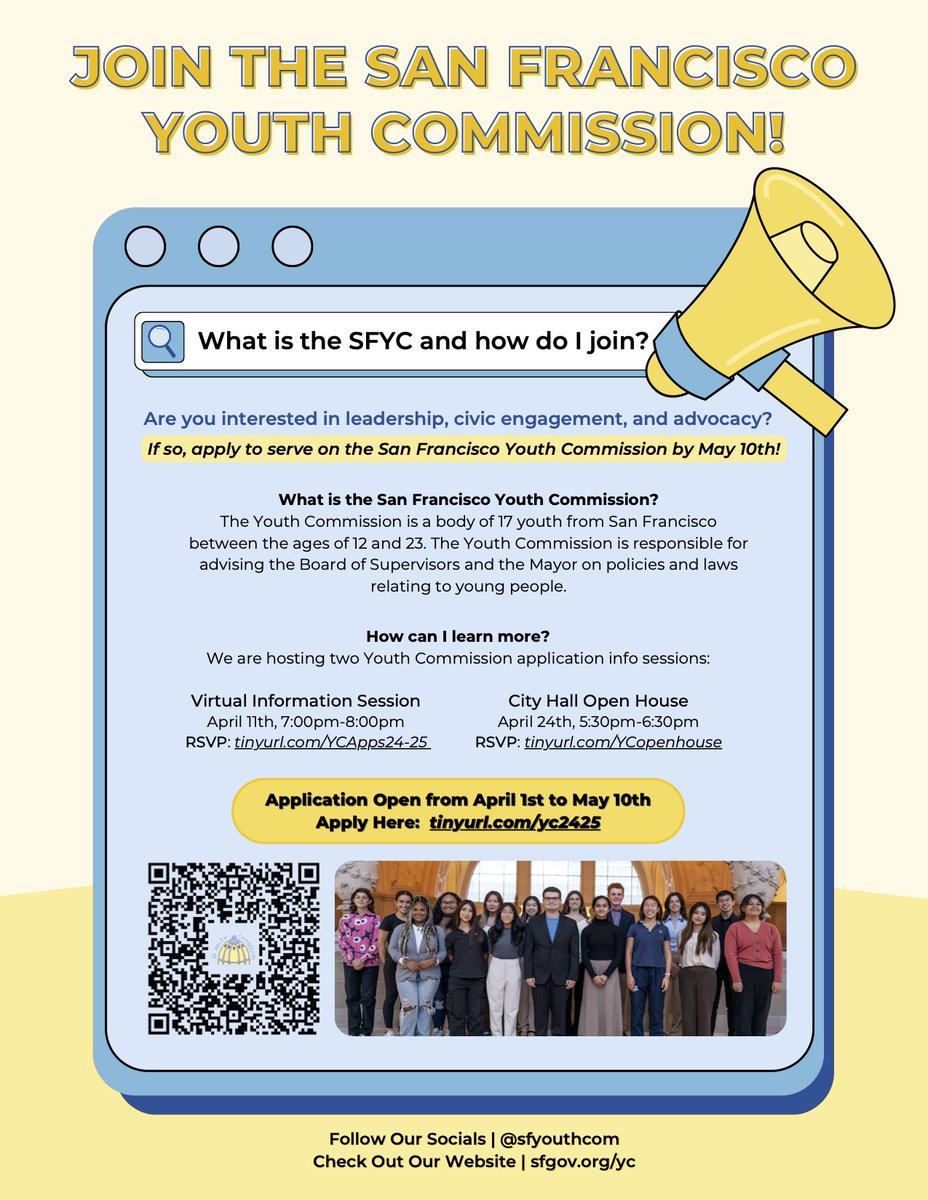 This is for #SanFrancisco youth ages 12-23 who are interested in leadership, civic engagement, and advocacy: applications are open now for the San Francisco Youth Commission! Learn more and apply here: tinyurl.com/yc2425
