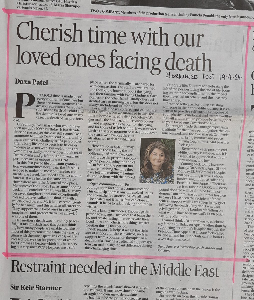 My column in today's @yorkshirepost in celebration of my dad and the #PreciousTimeAppeal by St Gemma’s Hospice. @StGemmasKerry @alexsobel